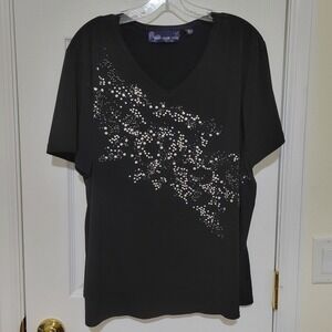 Susan Graver Style Black V-Neck Embellished Stud‎ Top XL Short Sleeve Stretch